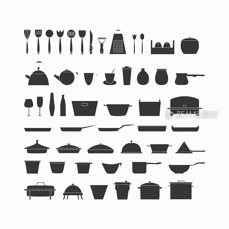 Kitchen dishes and utensils black icons.